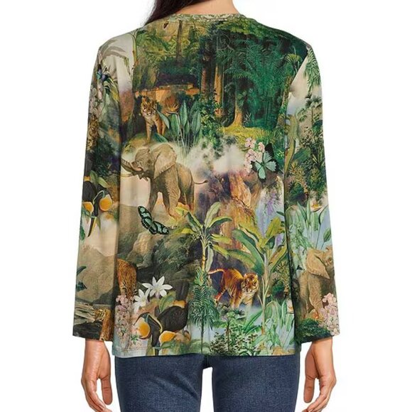 Johnny Was Rawi Janie Favorite Kimono Sleeve Tee Shirt Wild Animal Green Top NEW - Picture 2 of 10